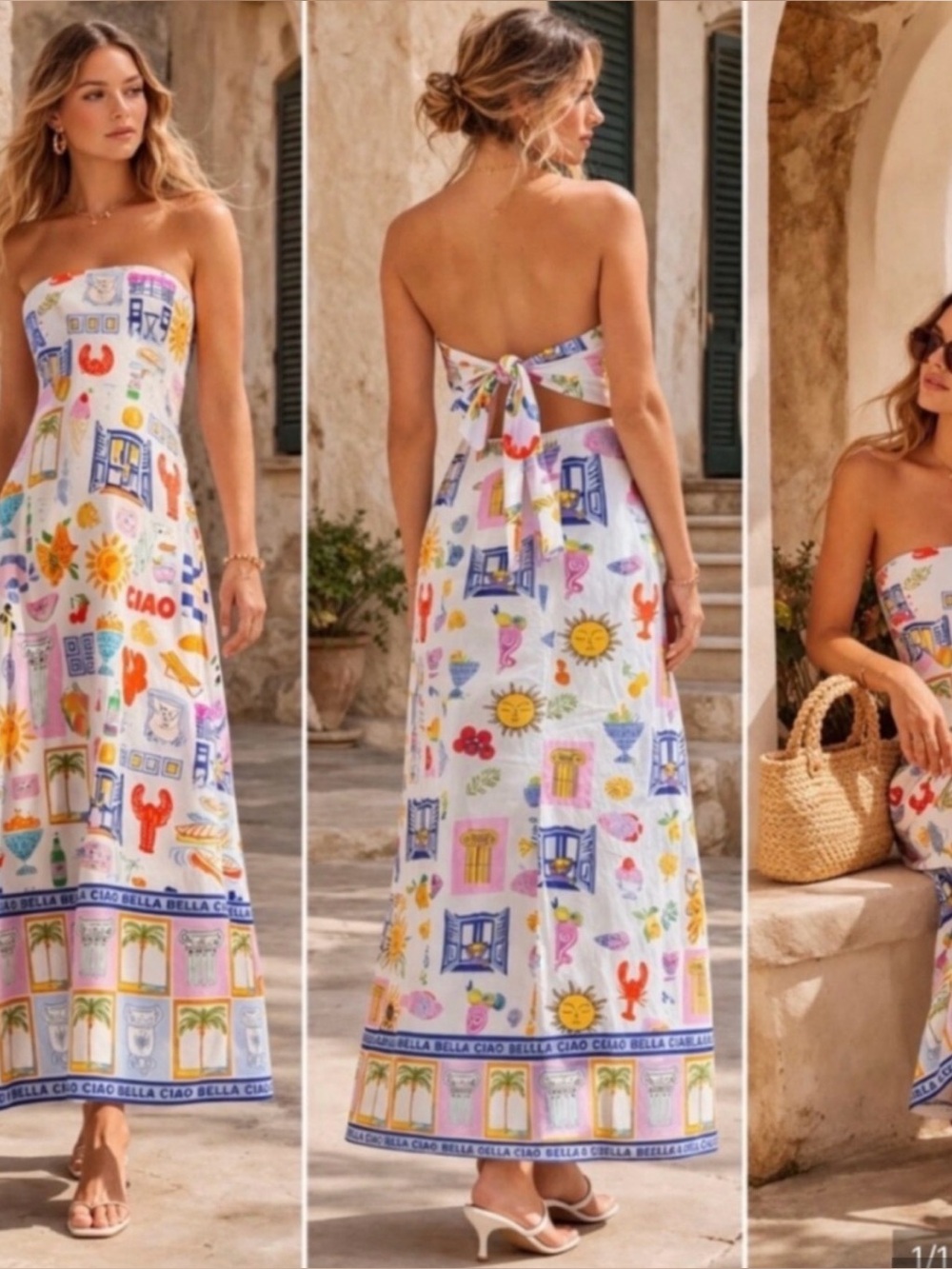 : NWT Japna Singh Strapless Maxi Dress with Mediterranean Print